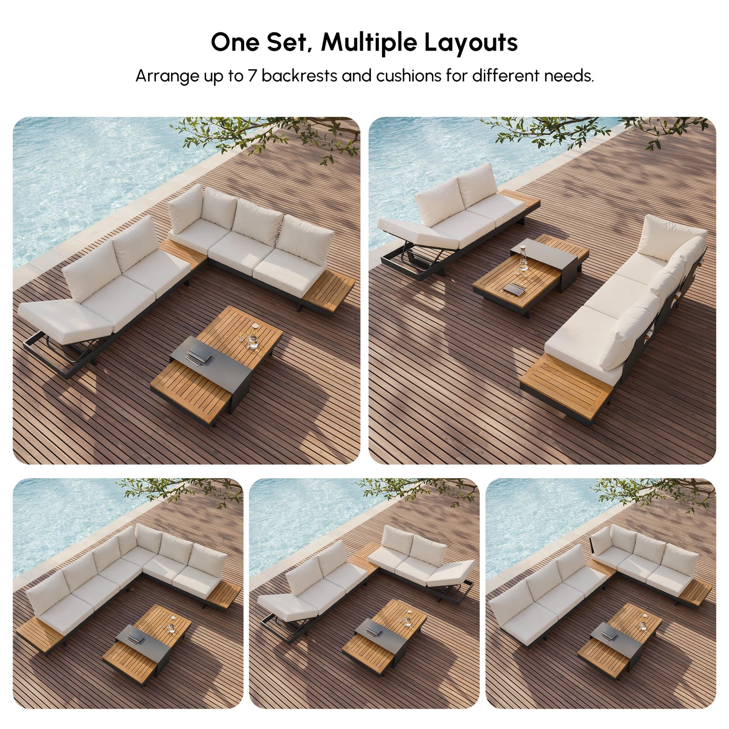 Tevara 4-Piece Outdoor Teak & Aluminum Modular Sofa Set with Coffee Table for 6 in Ivory