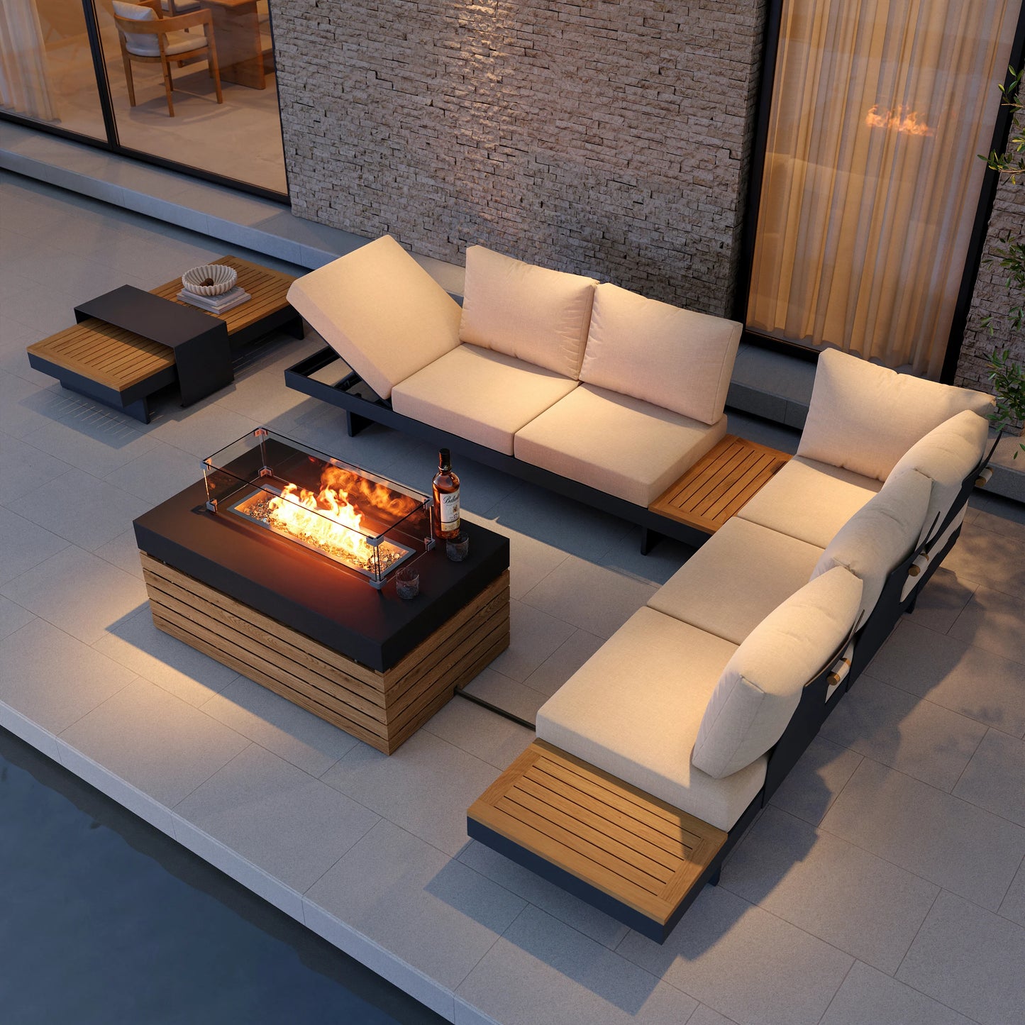 Tevara 4-Piece Outdoor Teak & Aluminum Modular Sofa Set with Coffee Table for 6 in Ivory