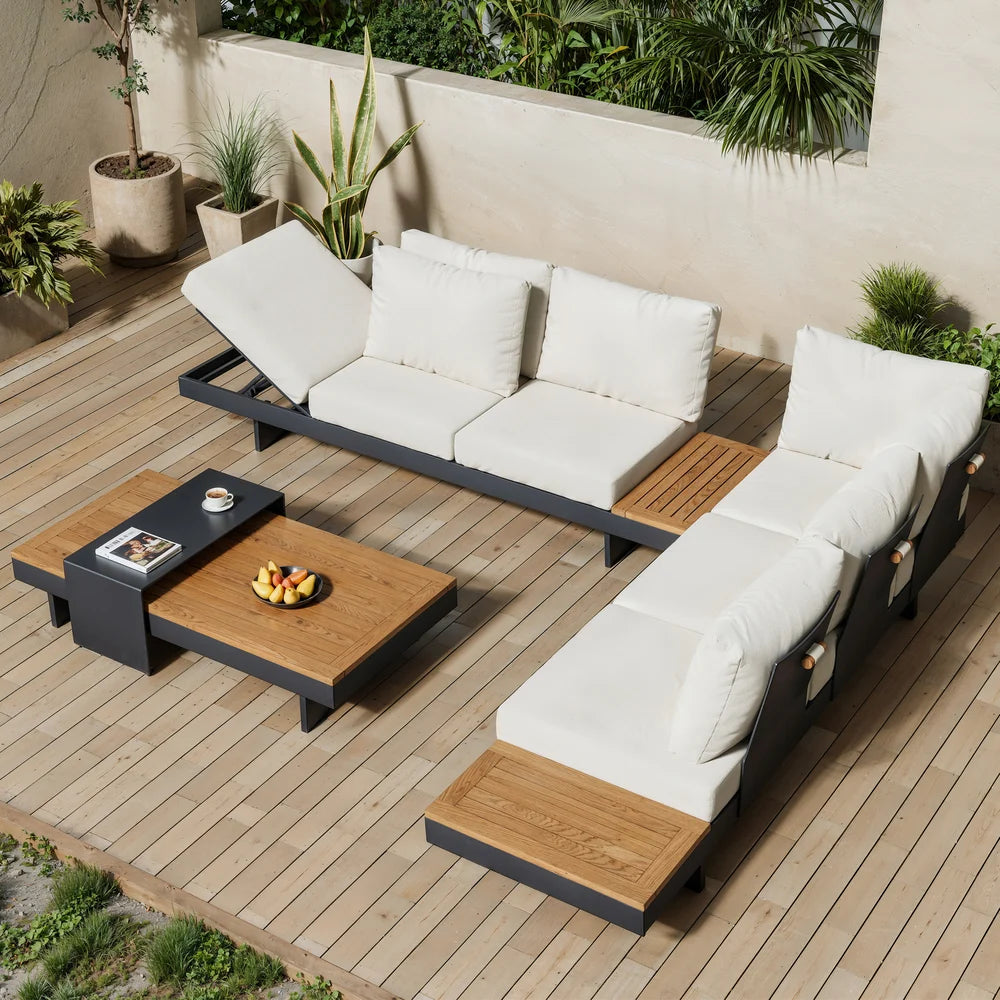 Tevara 4-Piece Outdoor Teak & Aluminum Modular Sofa Set with Coffee Table for 6 in Ivory