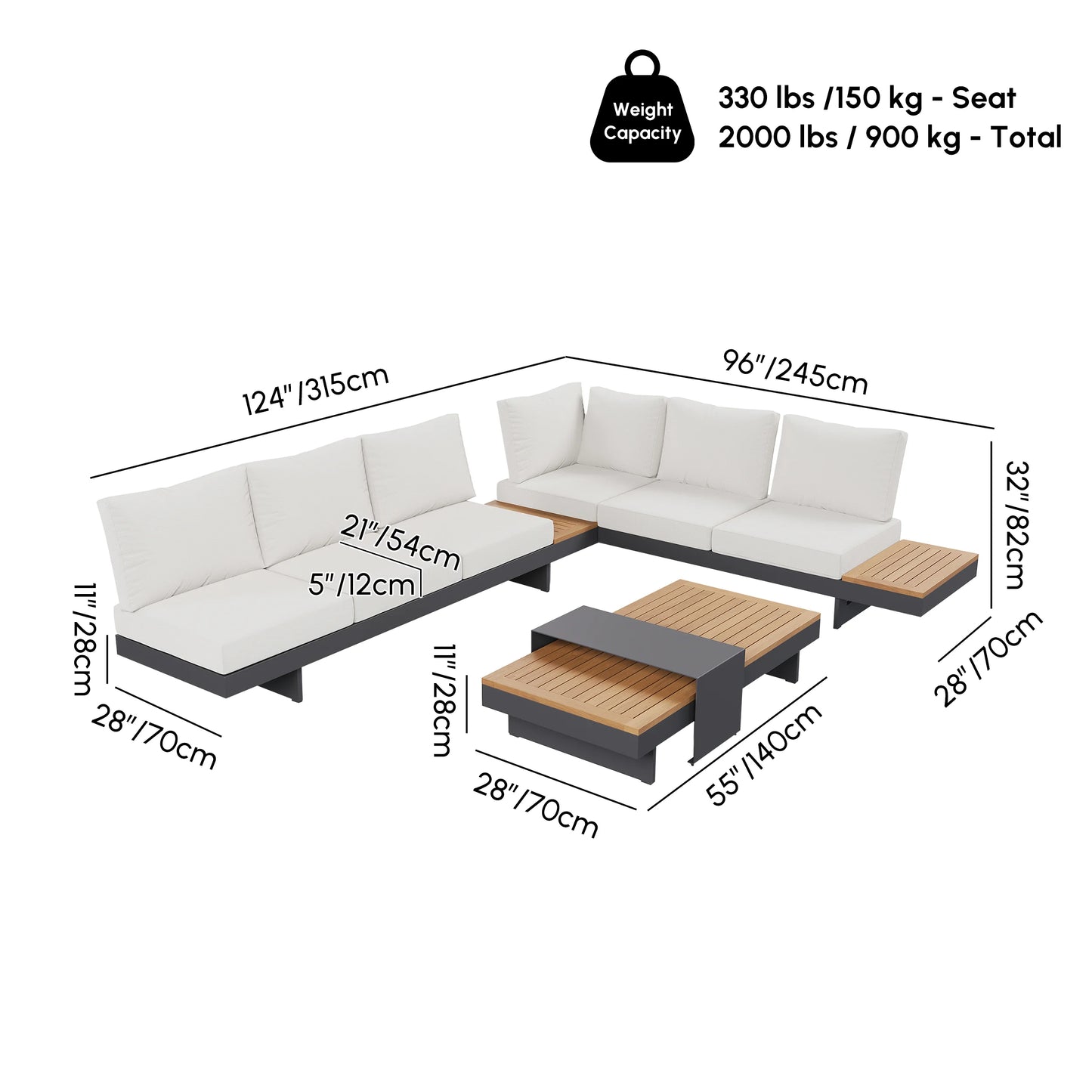 Tevara 4-Piece Outdoor Teak & Aluminum Modular Sofa Set with Coffee Table for 6 in Ivory
