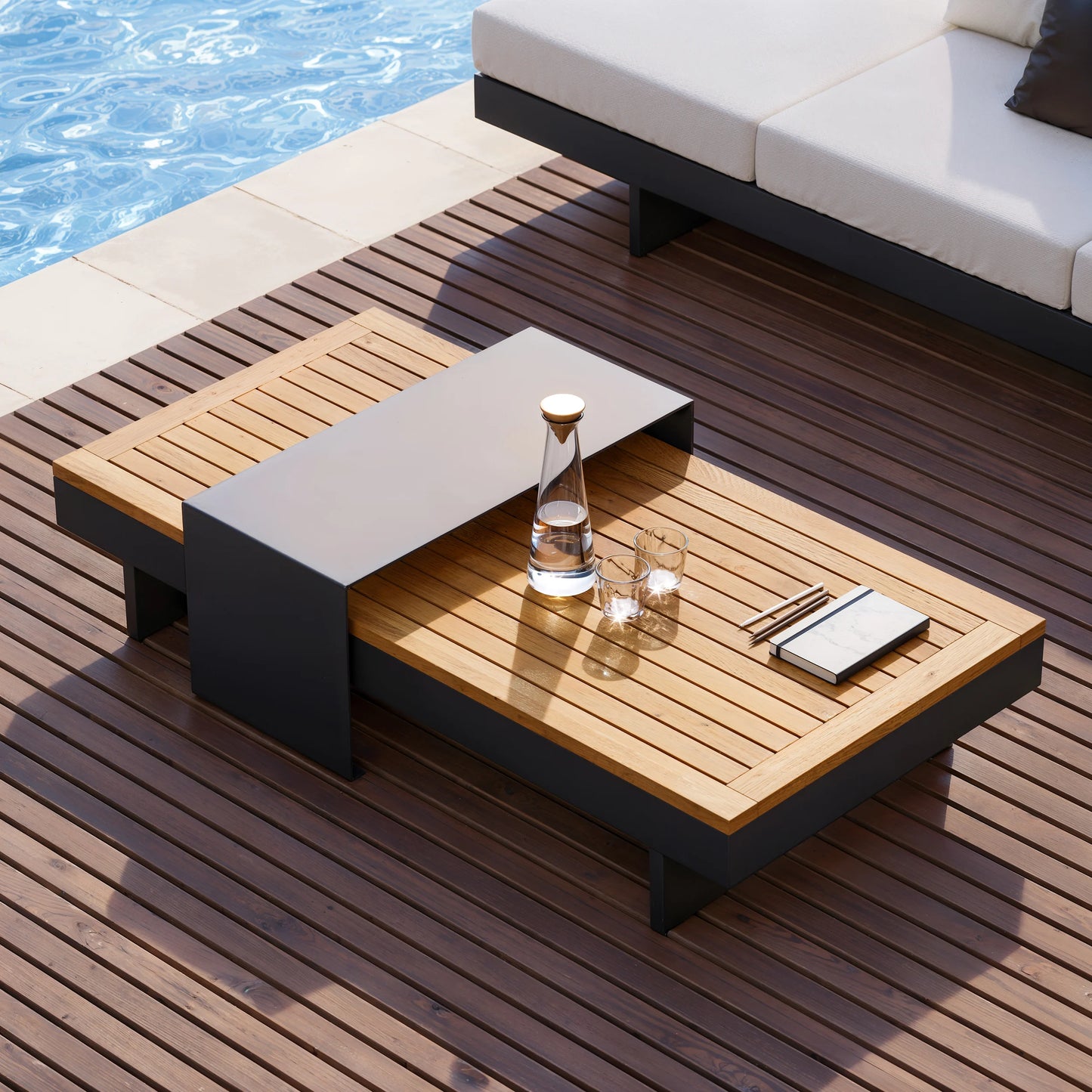 Tevara 4-Piece Outdoor Teak & Aluminum Modular Sofa Set with Coffee Table for 6 in Ivory