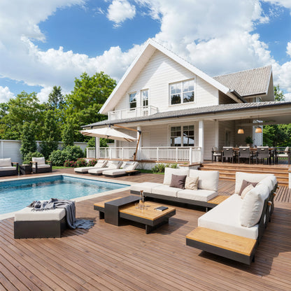 Tevara 4-Piece Outdoor Teak & Aluminum Modular Sofa Set with Coffee Table for 6 in Ivory