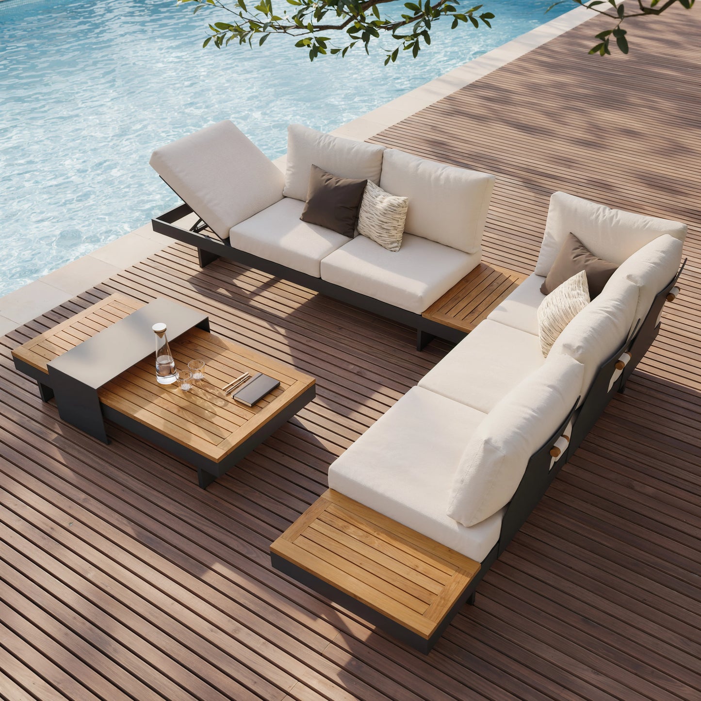 Tevara 4-Piece Outdoor Teak & Aluminum Modular Sofa Set with Coffee Table for 6 in Ivory