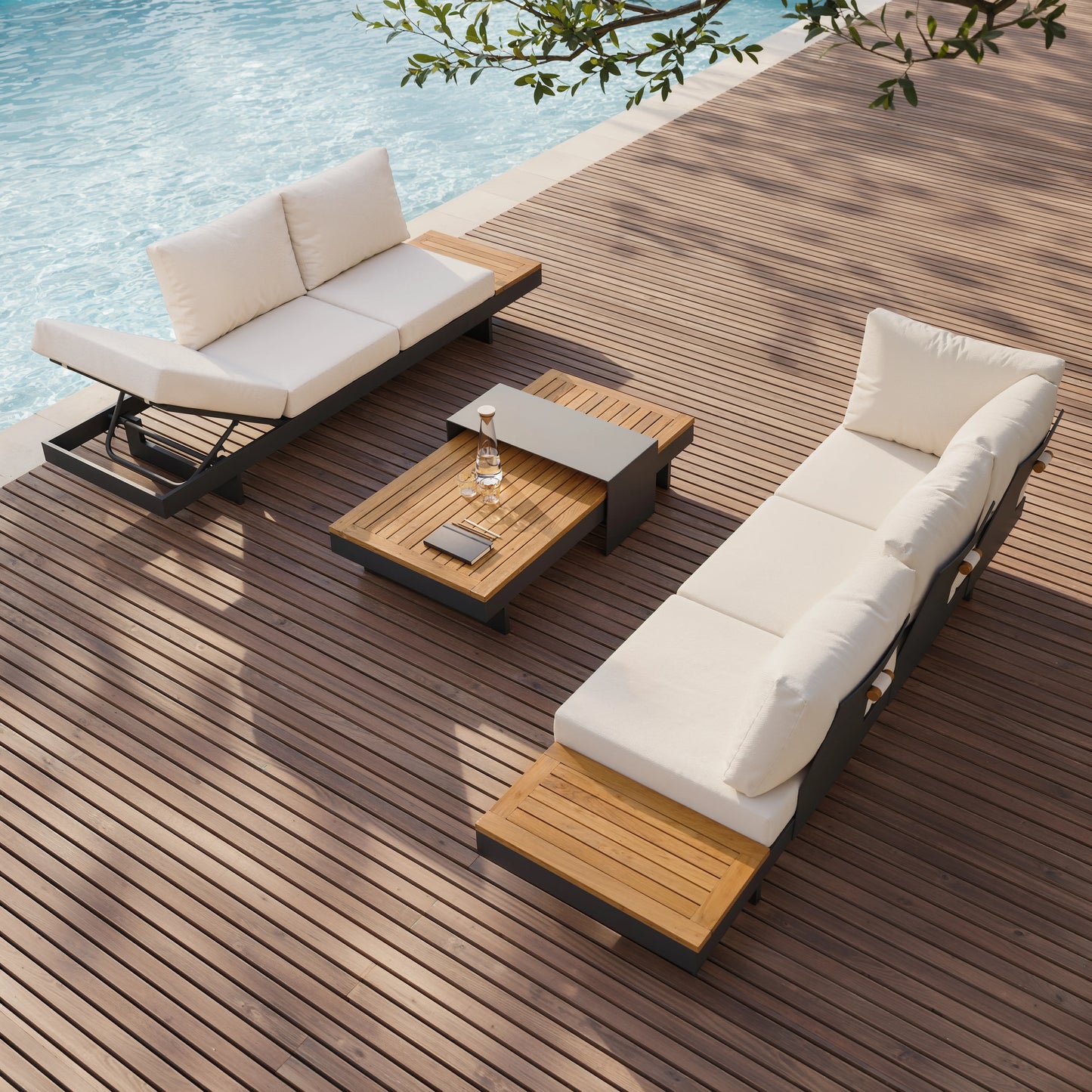 Tevara 4-Piece Outdoor Teak & Aluminum Modular Sofa Set with Coffee Table for 6 in Ivory