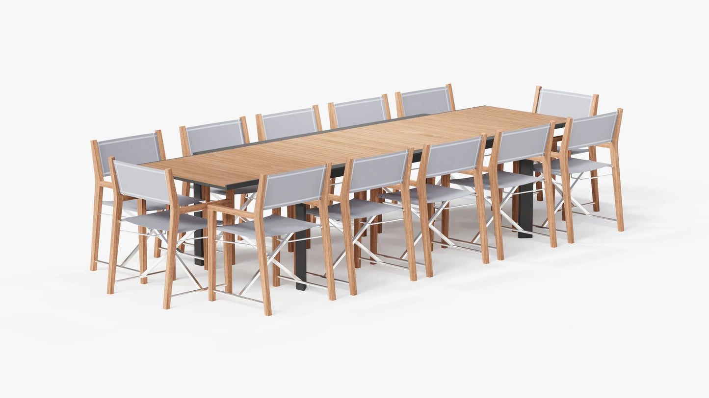 Teak + Aluminum Outdoor Extendable Dining Table with 12 Teak Director’s Chairs