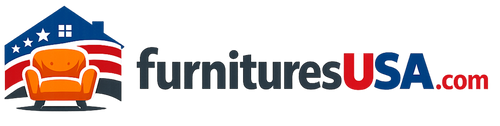 The logo for furnituresUSA.com, featuring a stylized house with a blue roof, red and white stripes, and white stars, alongside an orange armchair and the text 'furnituresUSA.