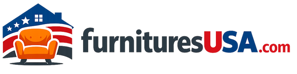 The logo for furnituresUSA.com, featuring a stylized house with a blue roof, red and white stripes, and white stars, alongside an orange armchair and the text 'furnituresUSA.