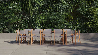 Teak + Aluminum Outdoor Extendable Dining Table with 12 Teak Director’s Chairs
