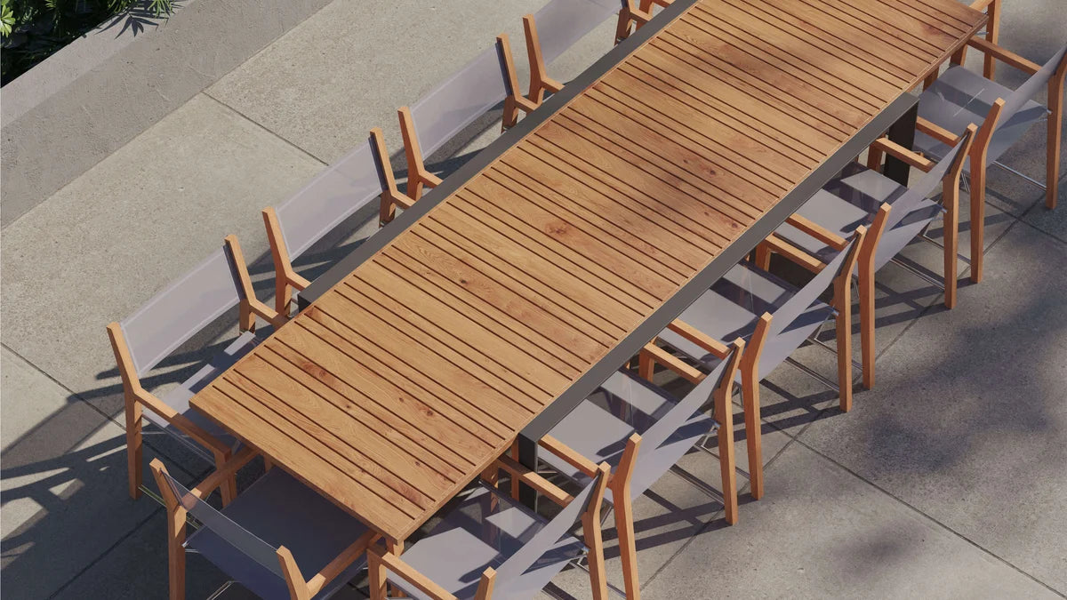 Teak + Aluminum Outdoor Extendable Dining Table with 12 Teak Director’s Chairs