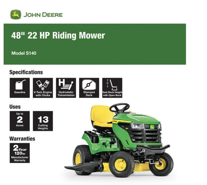 John Deere S140 48-in 22 HP V-Twin Gas Lawn Tractor
